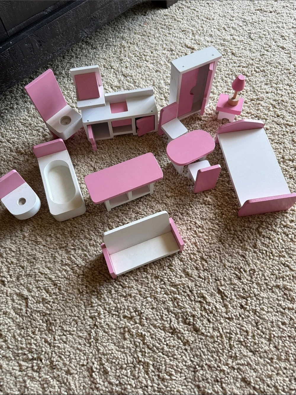 Pink and White Doll House All Rooms Furniture Set - Solid Wood.
